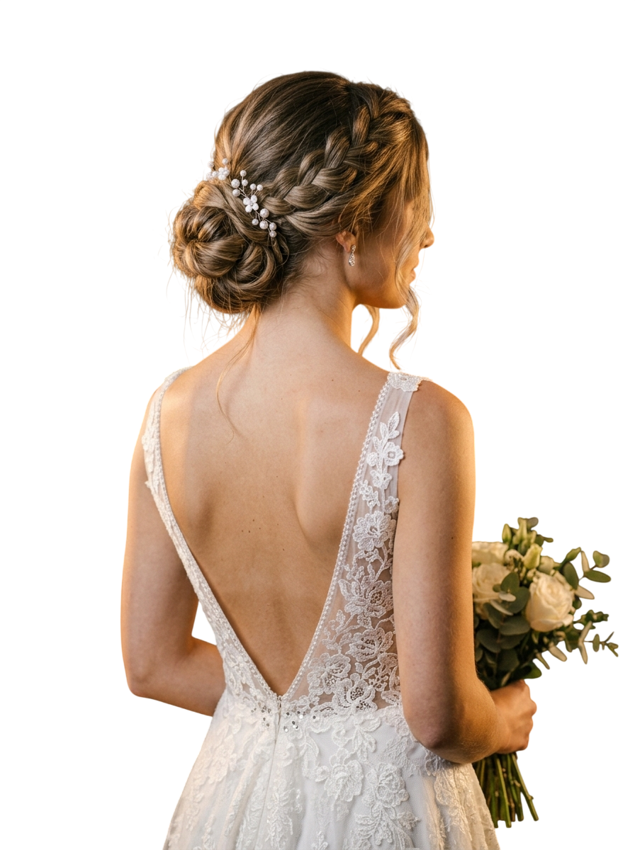 Noiva de costas com coque baixo, grampos de pérola e vestido de renda com costas abertas